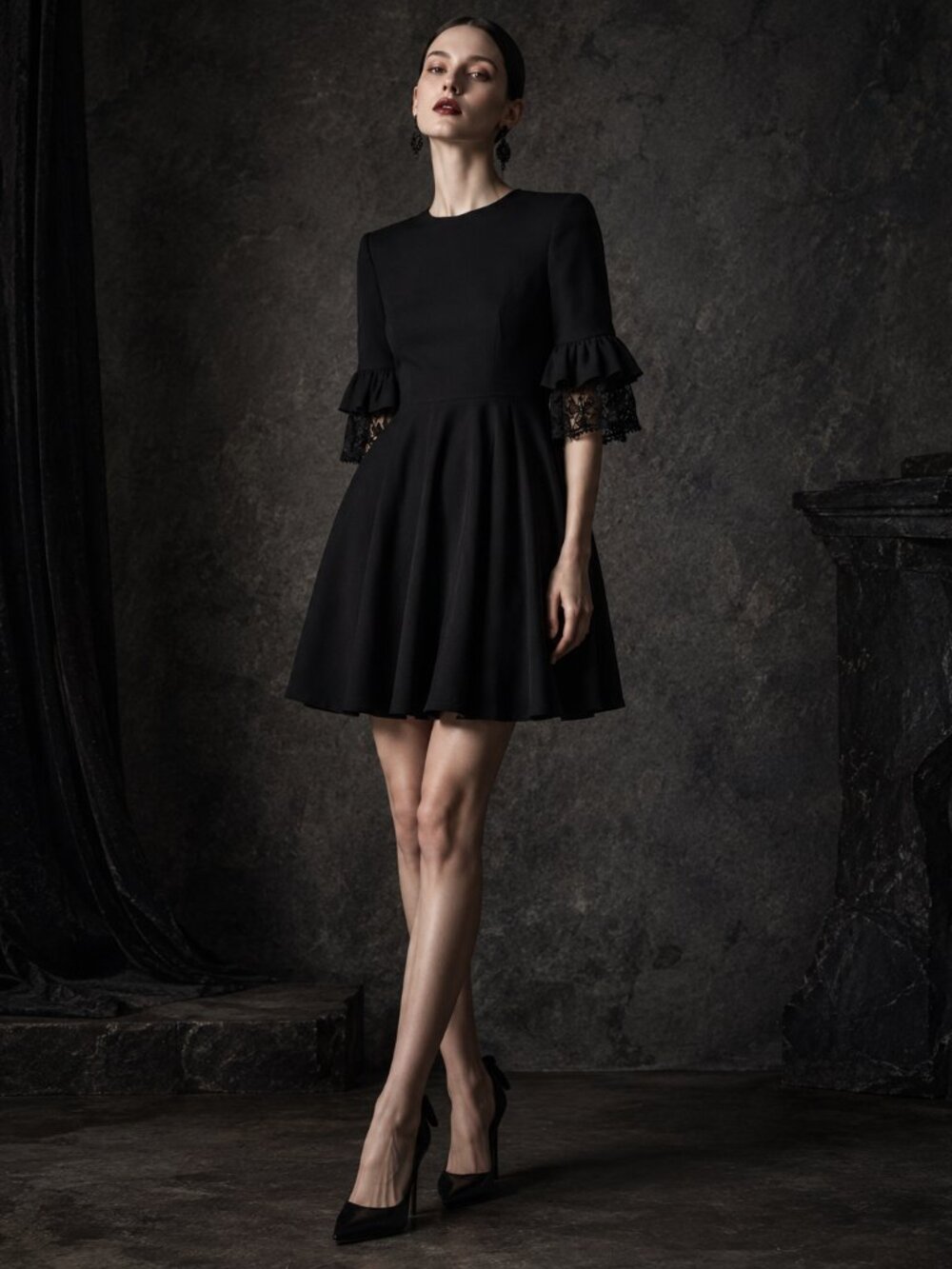 Alexander McQueen Black Wool Silk Lace Ruffle Sleeve Dress IT 40 US 4